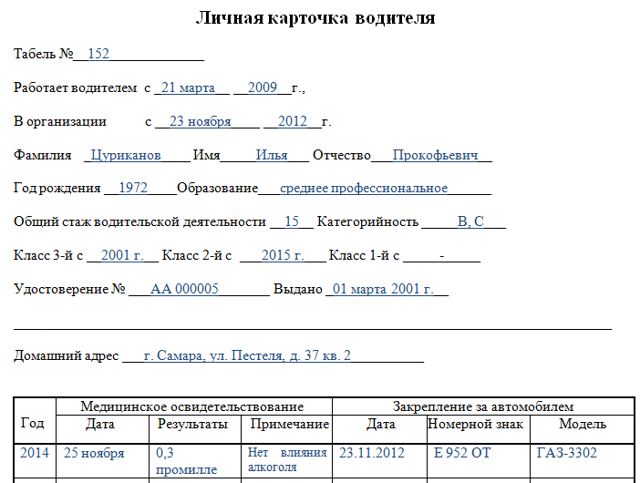 бумажный бланк личная карточка водителя